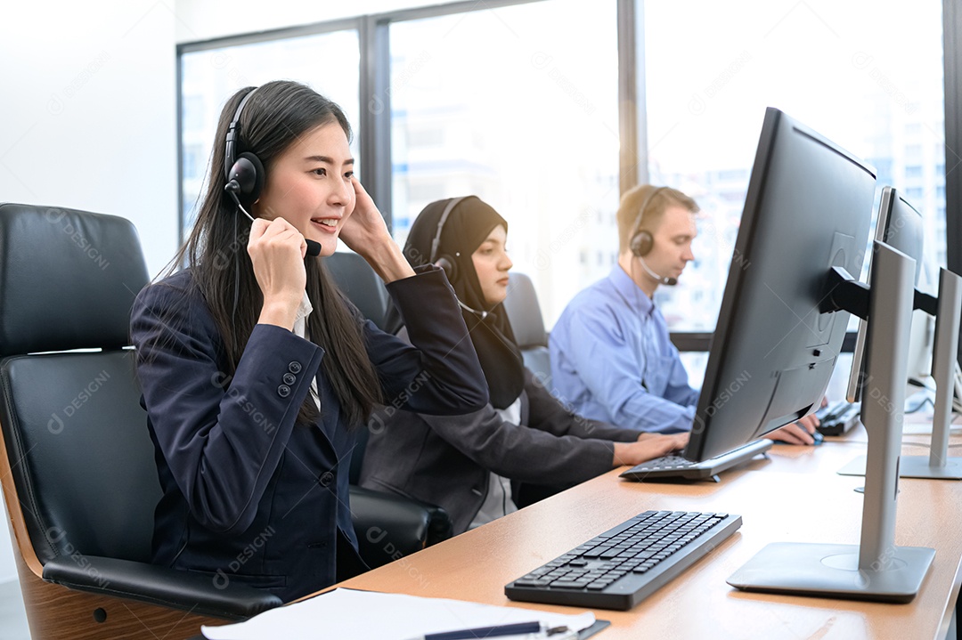 Young profession call center operator agent group with head.