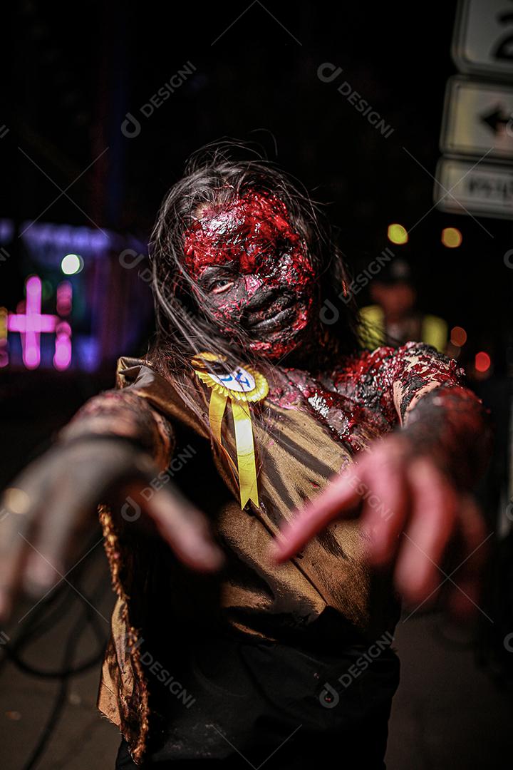 Blood face makeup halloween costume contest, wearing typical Thai dress.