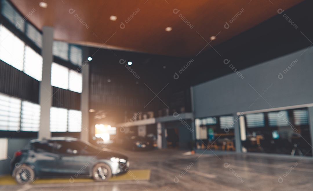 Fundo desfocado da garagem do showroom de carros. Carro automotivo.