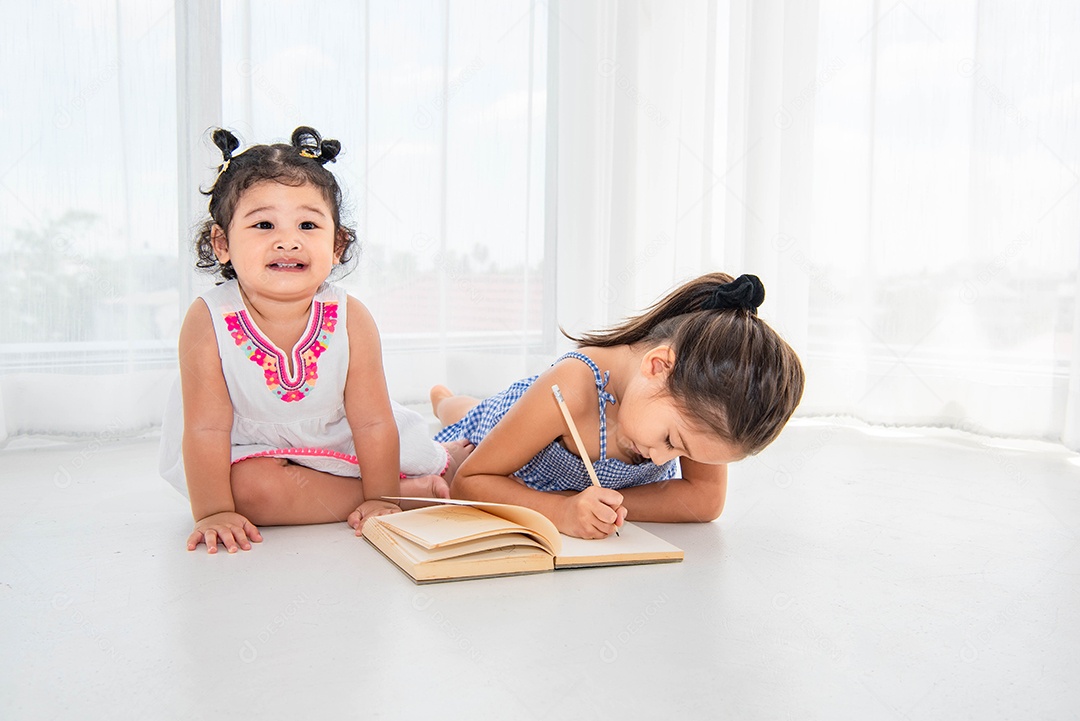 Duas irmãs felizes desenhando no caderno de esboços juntas em casa ou enfermeiras.