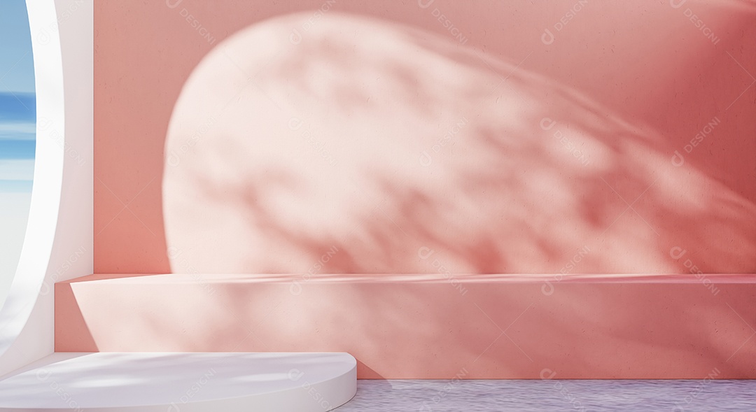 Sala vazia em tom pastel rosa e branco com sombra de folhas de árvore.