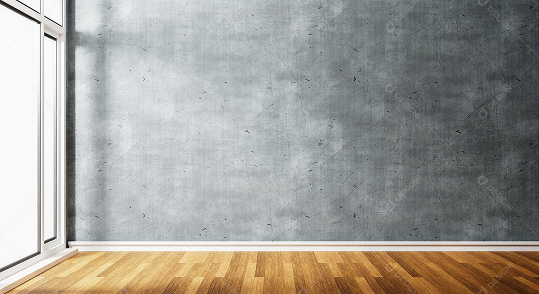 Sala de concreto vazia com janelas de luz solar brilhando no chão de madeira.