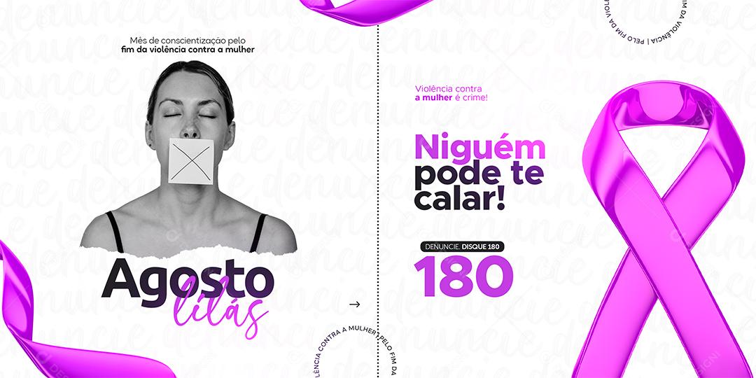 Ninguém pode te calar Violência contra a mulher Agosto Lilás Carrossel Social Media PSD Editável