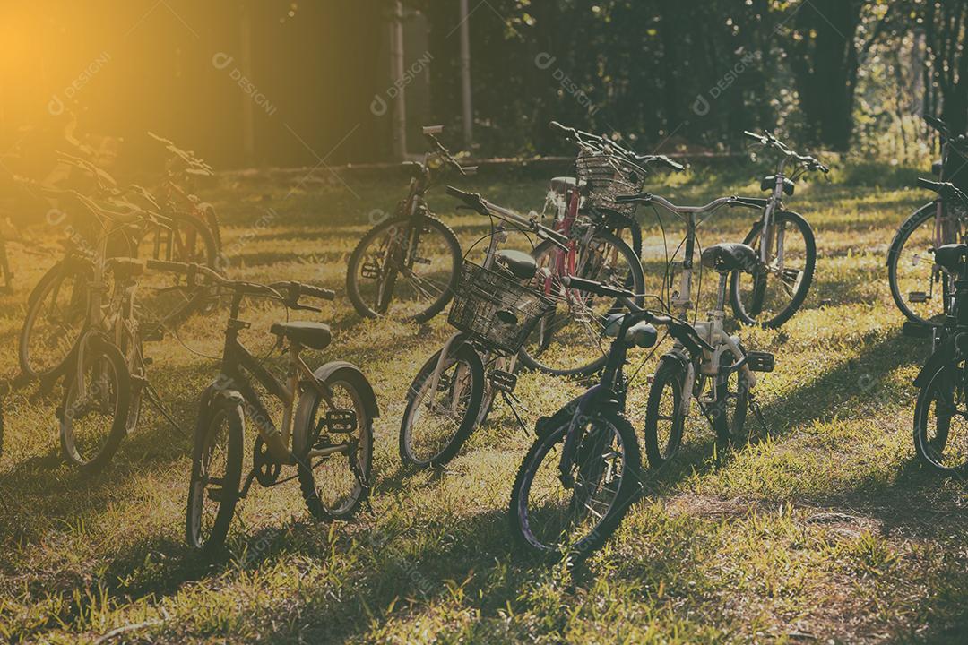 Vintage de bicicletas estacionadas em uma colina ao pôr do sol.