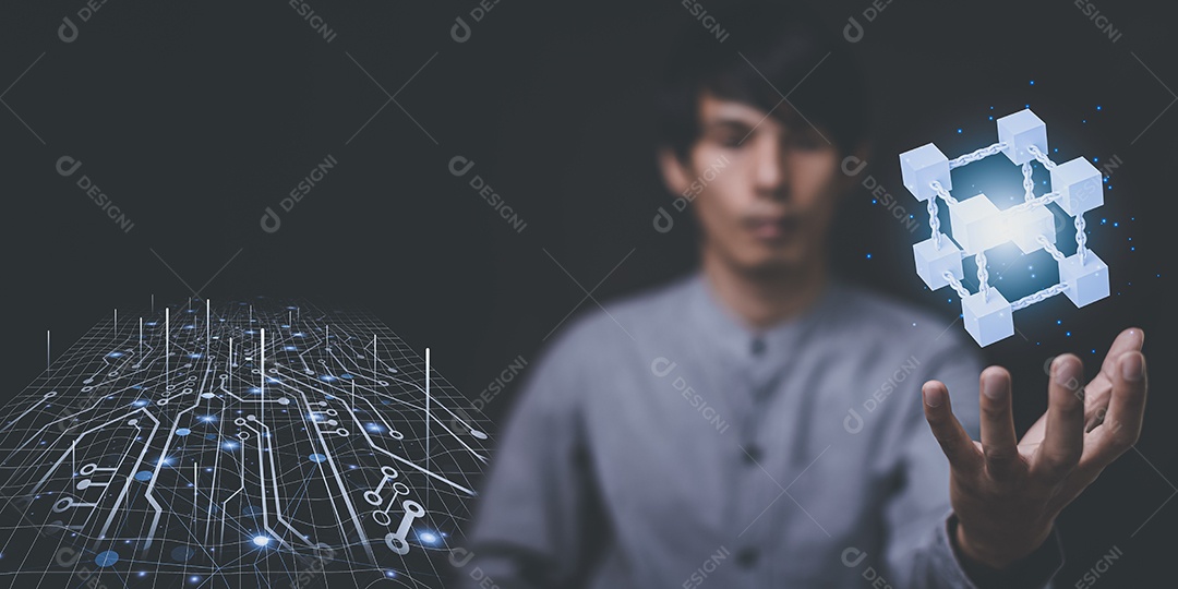 Empresário explora tecnologia metaverse com conexão de rede blockchain