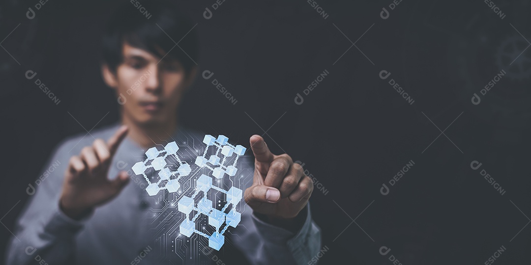 Empresário explora tecnologia metaverse com conexão de rede blockchain