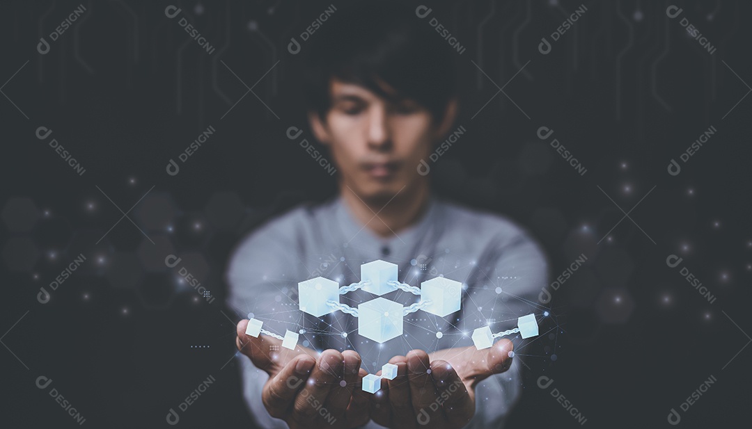 Empresário explora tecnologia metaverse com conexão de rede blockchain