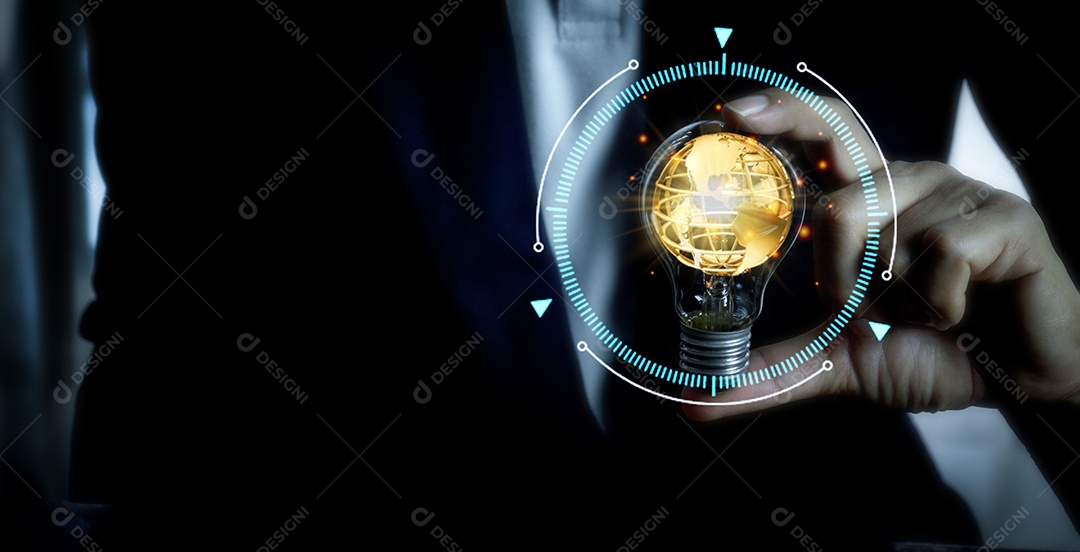 Ideas creativity concept, man holding light bulb in office.