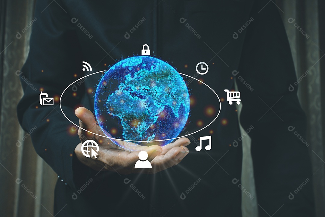 Empresários seguram o mundo com informações digitais.