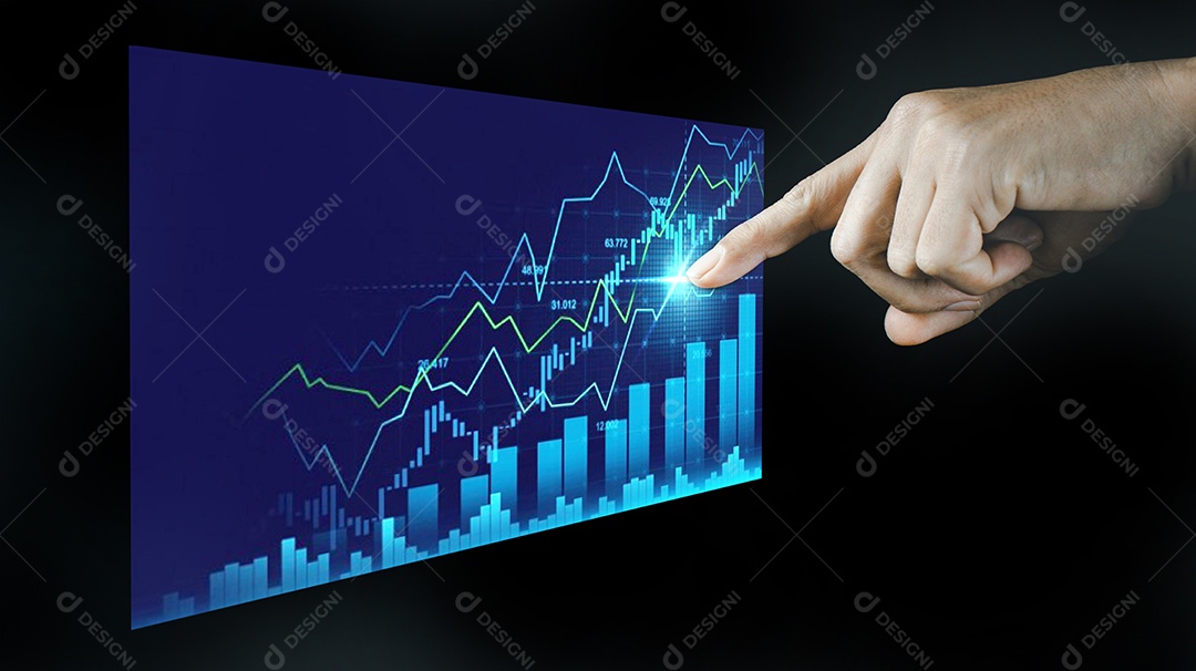 Gráficos financeiros mostrando receita crescente na tela sensível ao toque