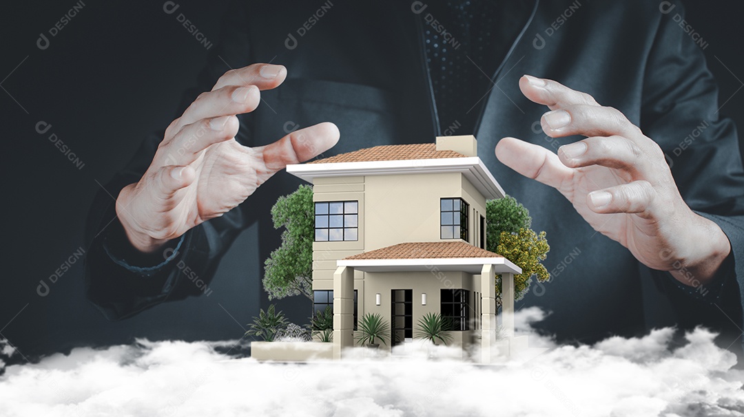 Empresário segurando modelo em casa. Conceito de seguro residencial.