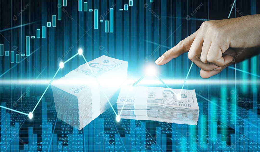 Conceito de investimento, mão com símbolos de gráfico financeiro de ações vindo de mão