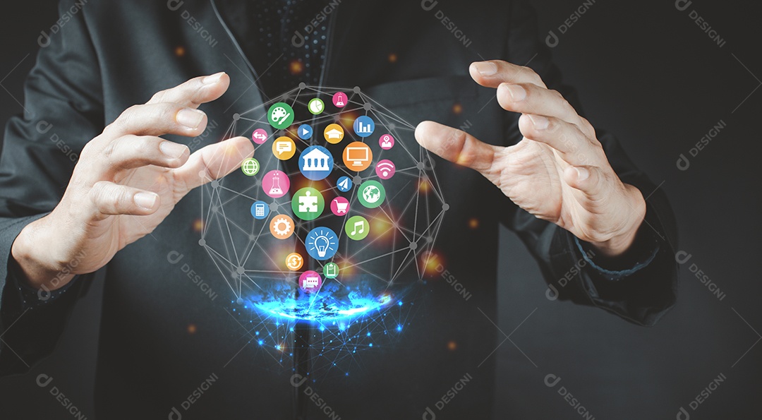 Carrinho de compras com ícones de software aplicativo no celular, conceito de negócio