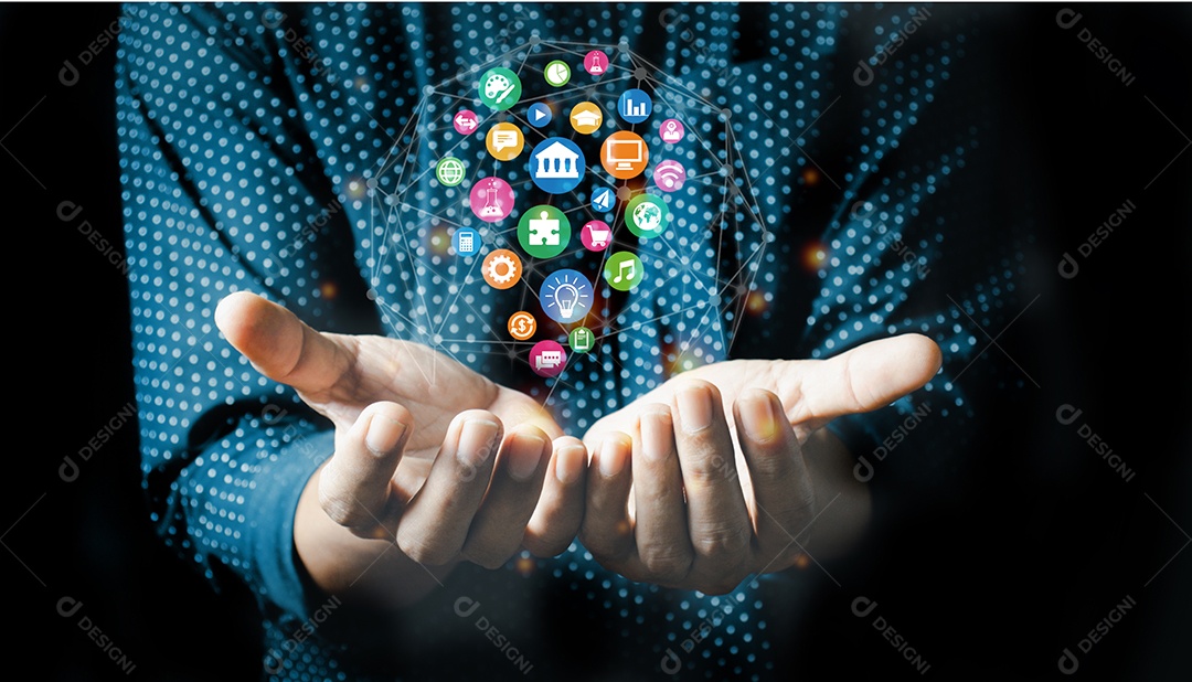 Carrinho de compras com ícones de software aplicativo no celular, conceito de negócio