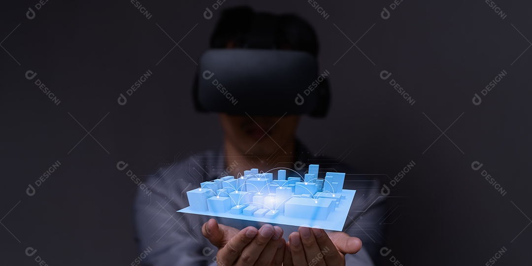 Plano da cidade com comunicação em um mundo virtual VR metaverso.