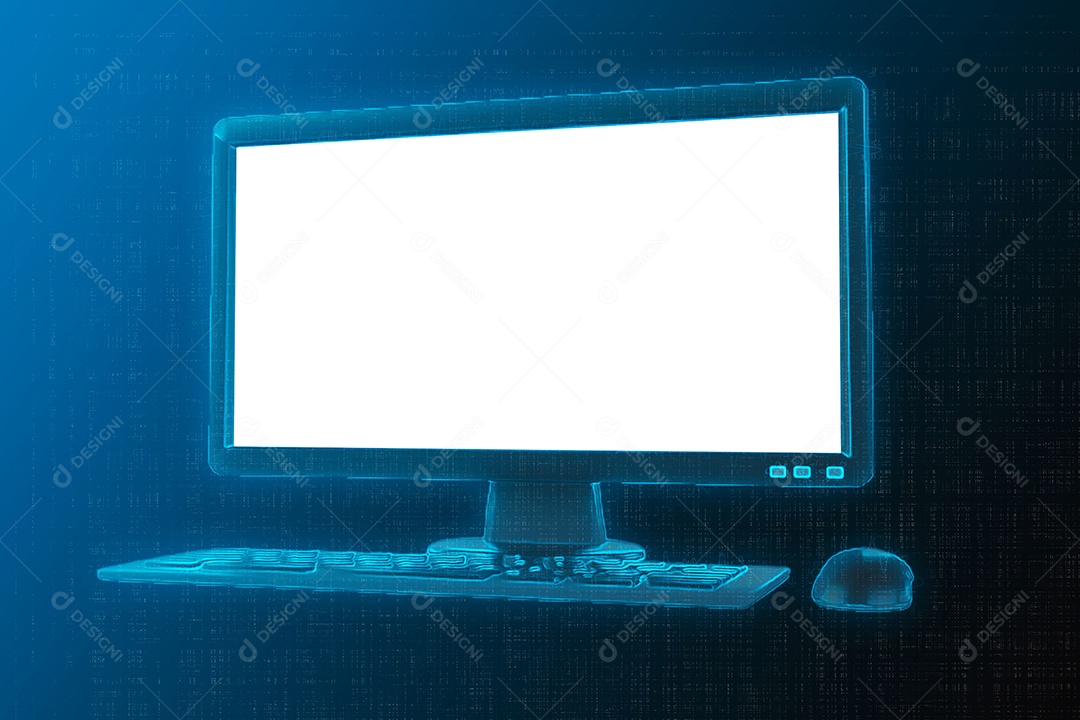 Espaço de trabalho branco de renderização 3D com computador de maquete