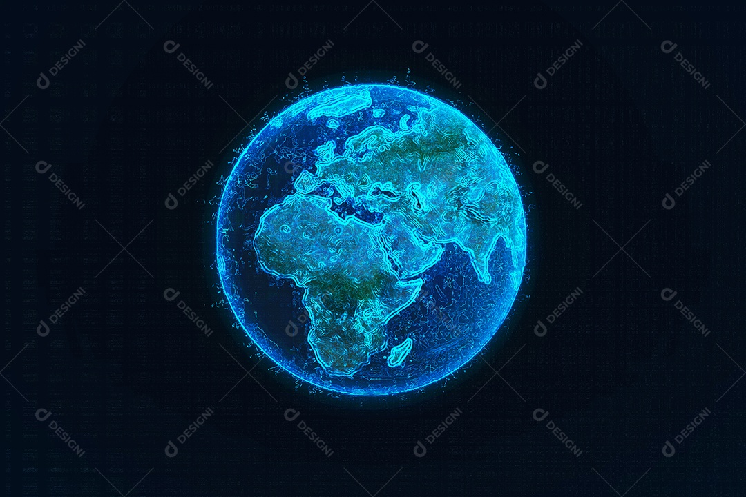 Terra de renderização 3D pelo oceano azul e nuvens em preto.