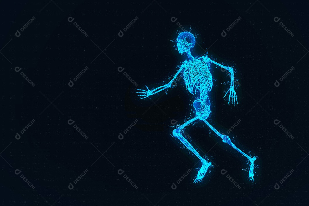 Renderização 3D do esqueleto humano. Fundo abstrato do céu noturno