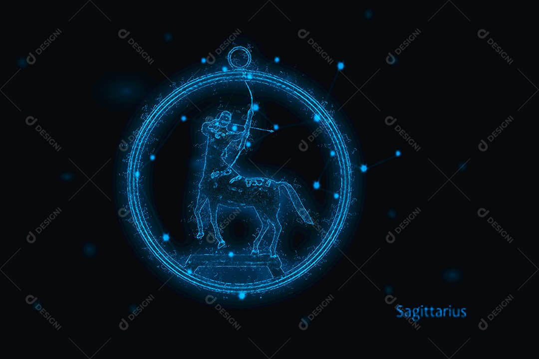 Renderização 3D Signo do Zodíaco de Sagitário. Fundo abstrato do céu noturno