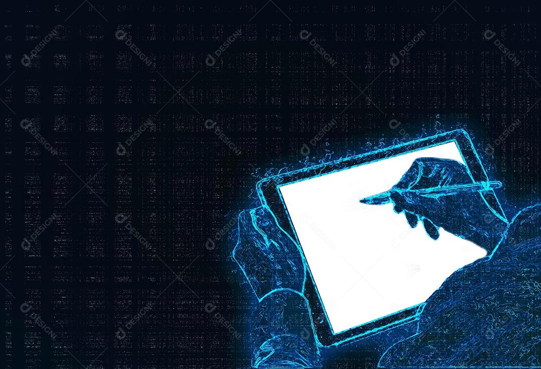 Dispositivo tablet digital com lápis digital na mão sobre fundo de madeira. Laptop