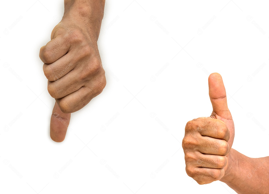 Polegares para cima e polegares para baixo no fundo branco