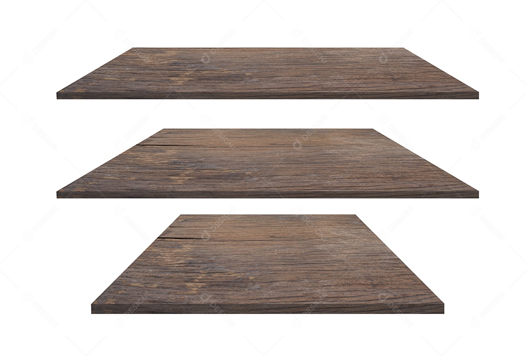 Coleção de prateleiras de madeira marrom sobre fundo branco que separa os objetos. Existem caminhos