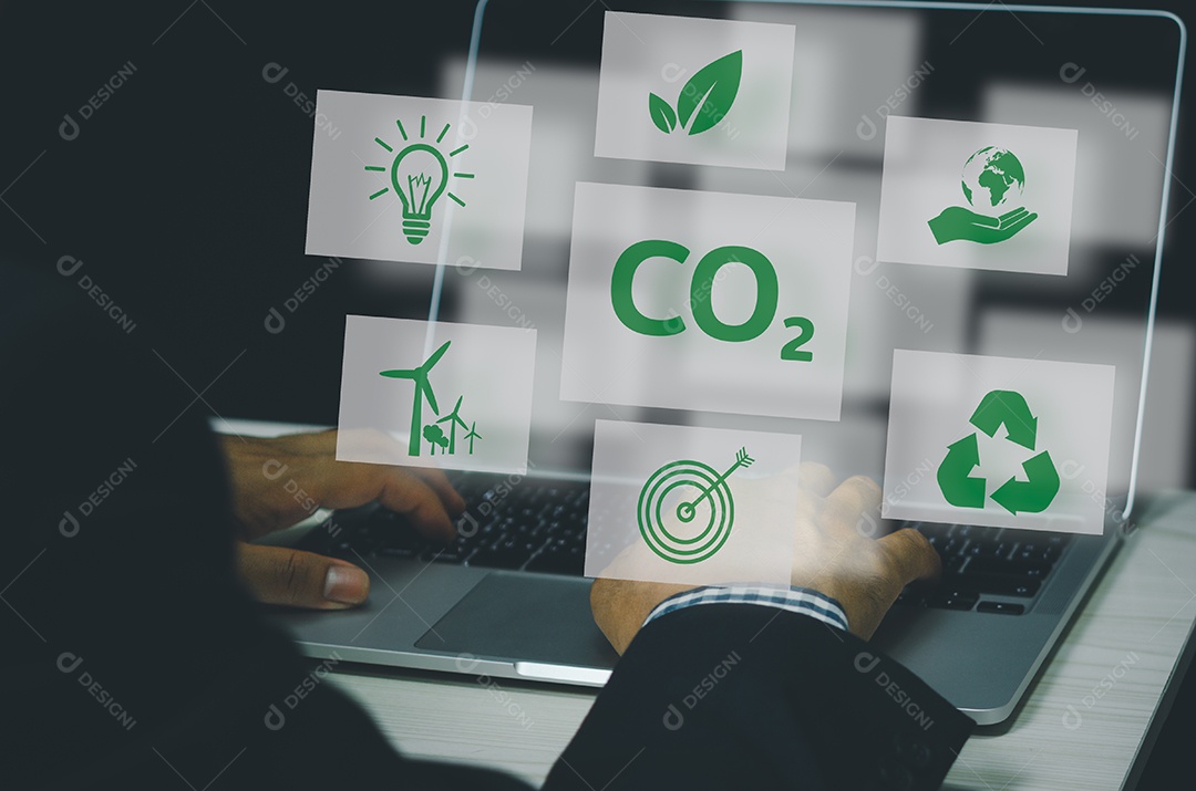 Organizações ou empresas desenvolvem tela virtual de negócios de crédito de carbono. Reduzir as emissões de CO2. Conceito de desenvolvimento de negócios sustentável.