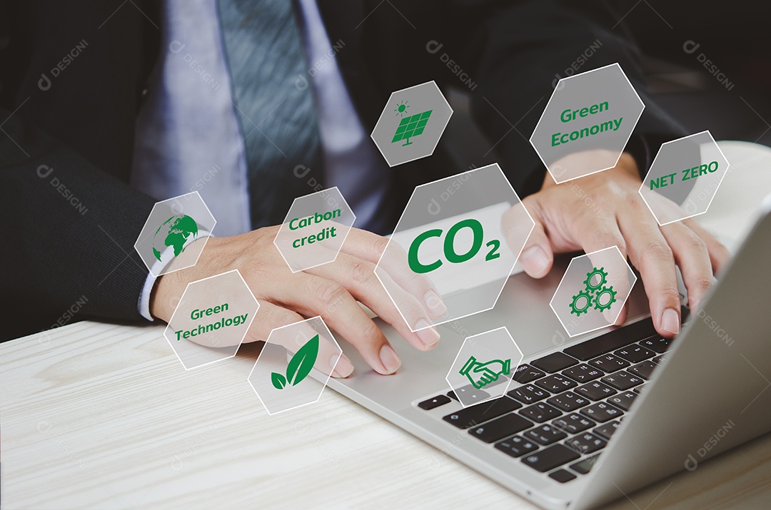 Organizações ou empresas desenvolvem tela virtual de negócios de crédito de carbono. Reduzir as emissões de CO2. Conceito de desenvolvimento de negócios sustentável.