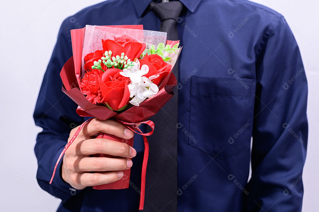 Man holding a bouquet of roses on Valentine's Day