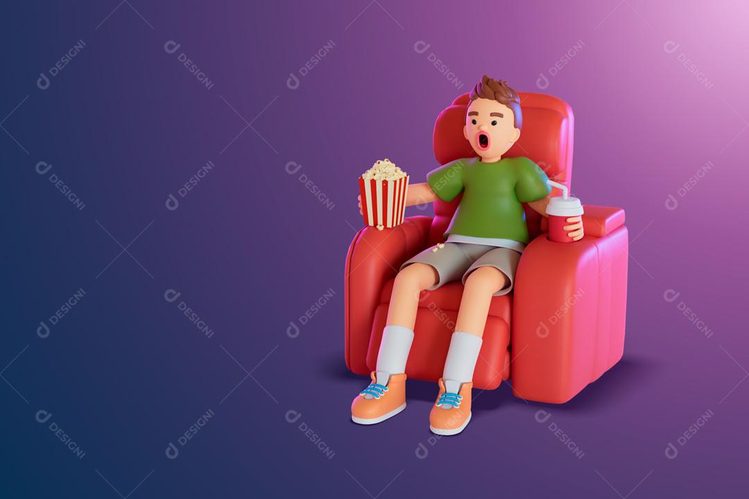 Homem sentado no cinema assistindo a um filme ilustração 3D PSD