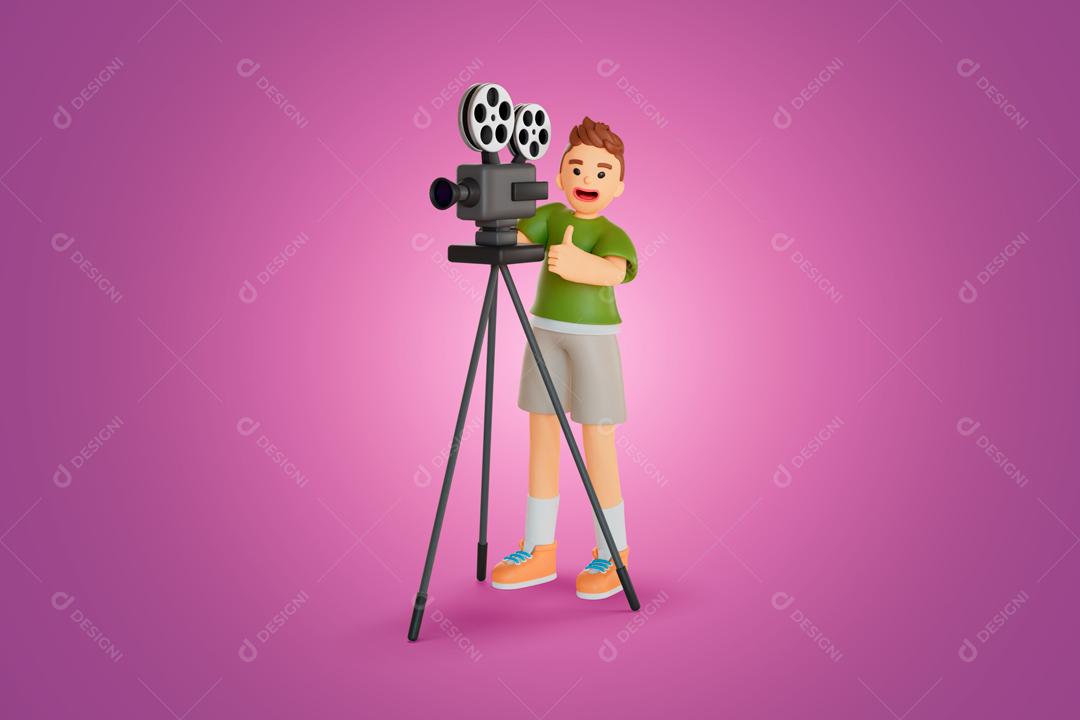 Homem na posição do fotógrafo está usando uma câmera de vídeo para filmar ilustração 3D PSD