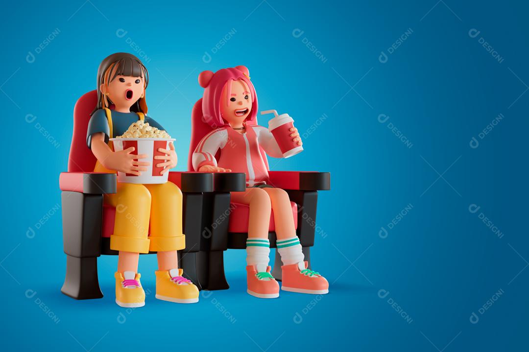 Duas amigas mulheres assistindo um filme juntos Ilustração 3D PSD