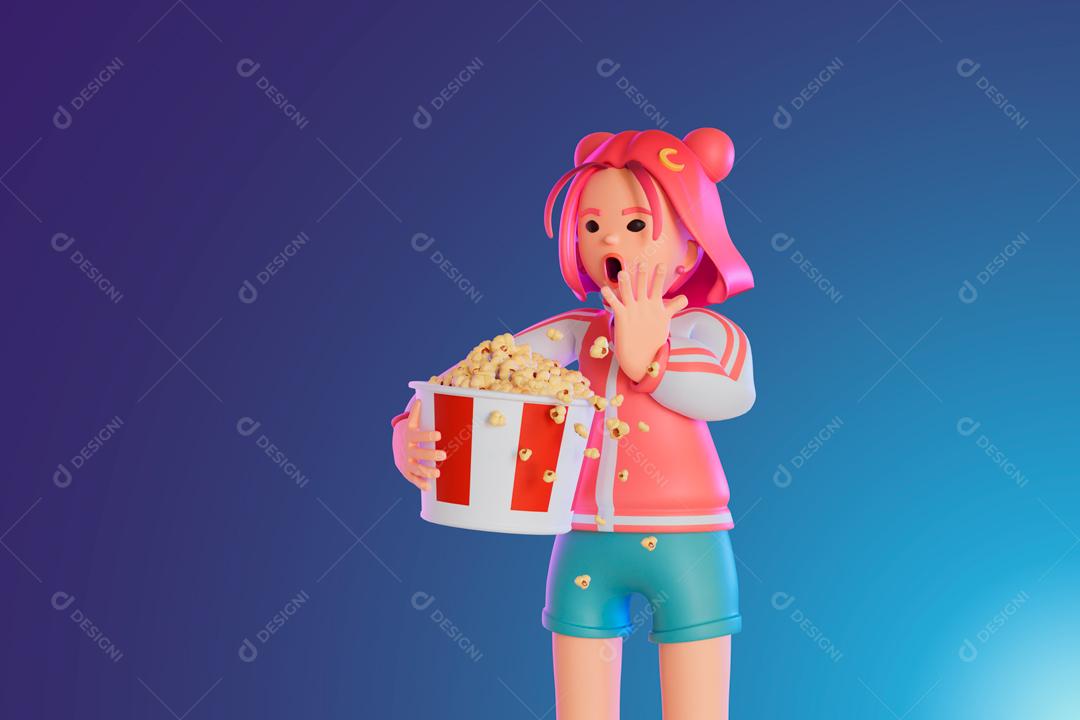 Mulher fica chocada assistindo ao filme com pipoca derramada ilustração 3D PSD