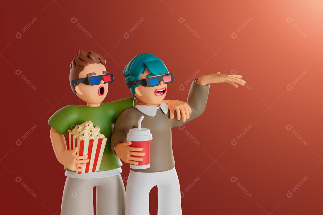 Dois amigos homens vão ao cinema ilustração 3D PSd