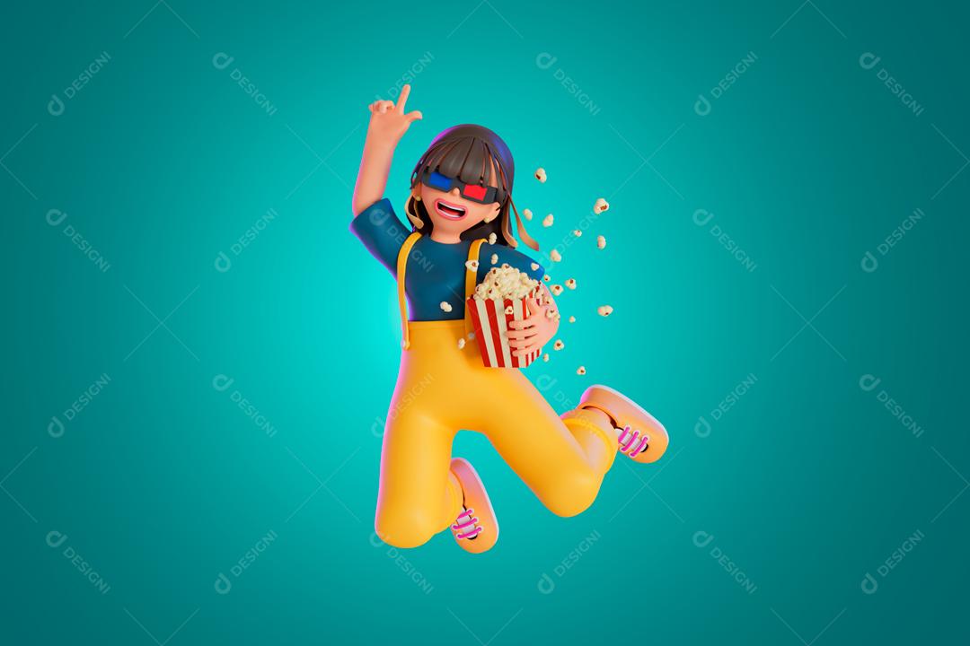 Mulher de macacão esta se divertindo assistindo filme e pipoca derramando ilustração 3D PSD