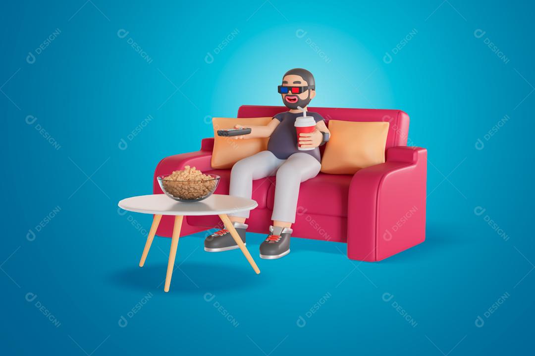 Homem sentado em casa sozinho assistindo a um filme ilustração 3D PSD