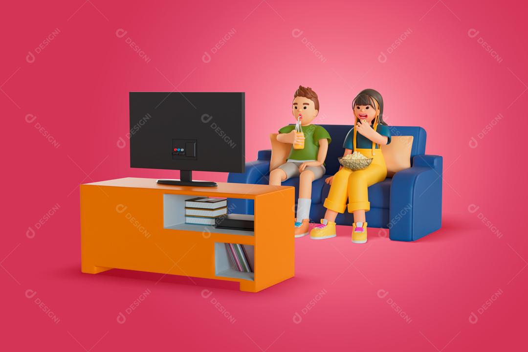 Homem e mulher assistindo filmes juntos em casa ilustração 3D PSD