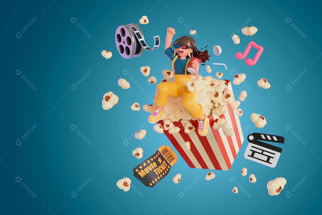 Mulher usando óculos 3D assistindo a um filme com pipoca gigante ilustração 3D PSD