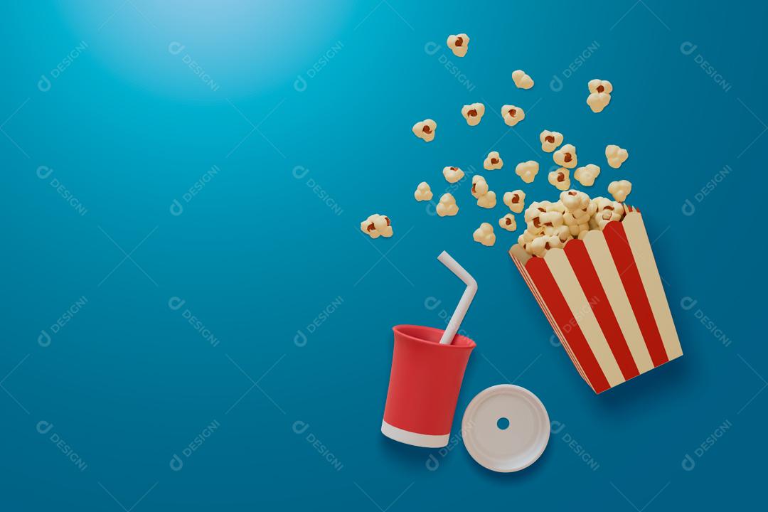Pipoca e vidro de refrigerante derramado no chão do cinema ilustração 3D PSD