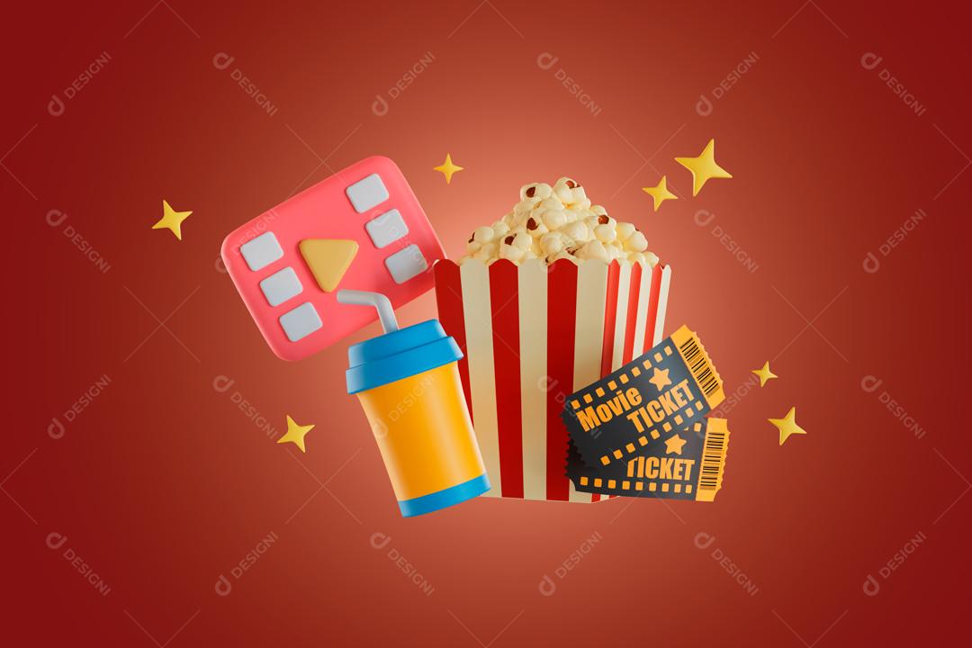 Assista a um filme com pipoca e ingressos de cinema e refrigerantes ilustração 3D PSD