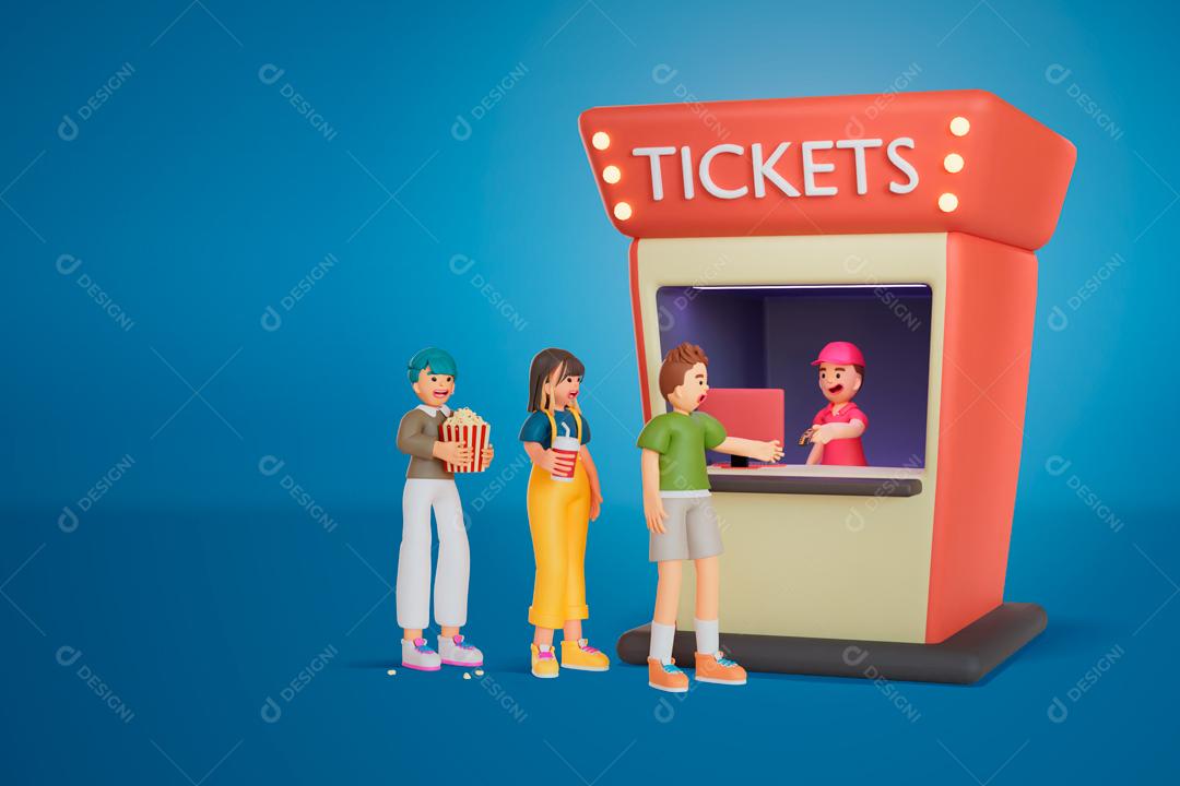 Pessoas esperando na fila para comprar ingressos de cinema ilustração 3D PSD