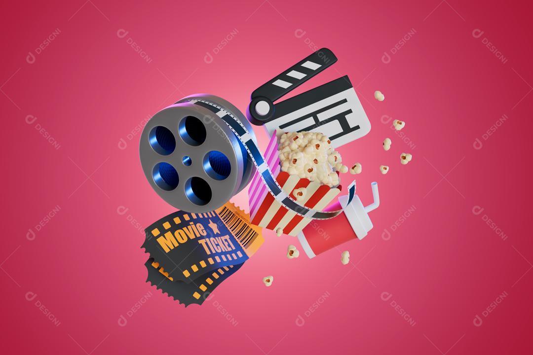 Bilhetes de cinema e ardósia de filme de pipoca espalham ilustração 3D PSD