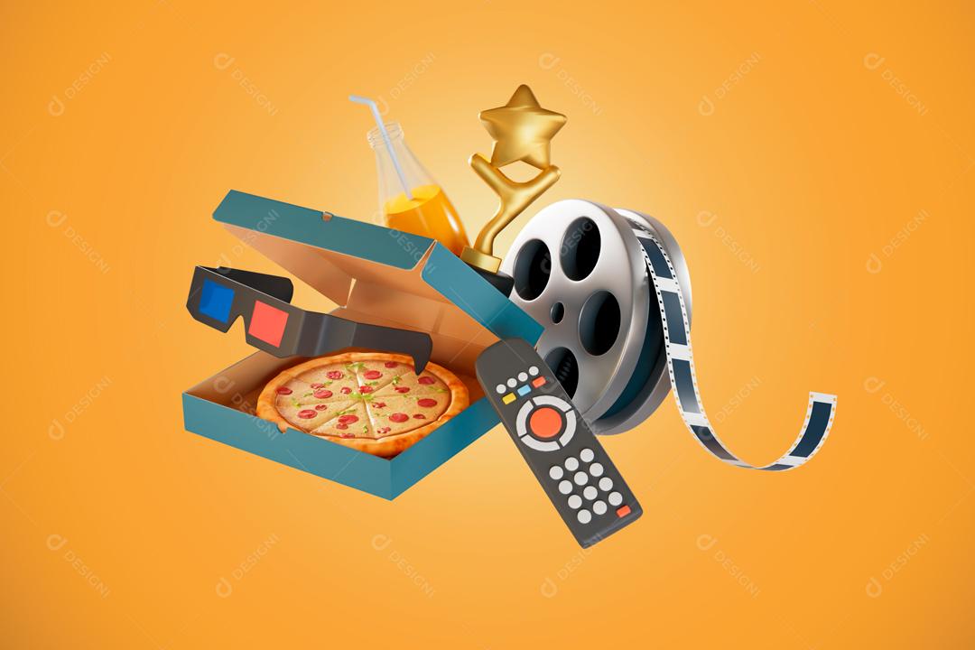 Pizza óculos 3D controle e rolo de filmes troféu para cinema ilustração PSD