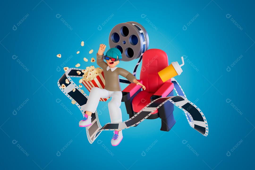 Homem assistindo filmes cercados por bobinas de filme ilustração 3D PSD
