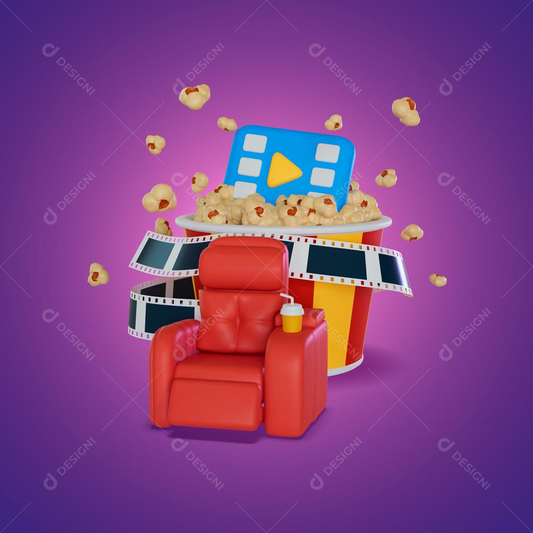 Carretéis de filme de cadeiras especiais e pipoca ilustração 3D do cinema PSD