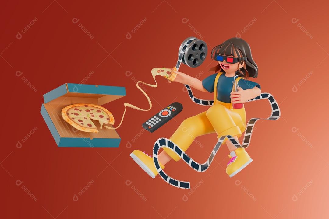 Mulher curtindo filmes e comendo pizza em casa ilustração 3D PSD