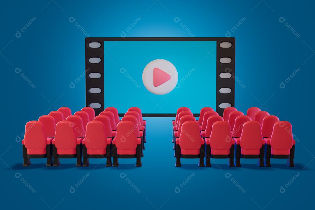 Cinema com um botão play no meio da tela ilustração 3D PSD