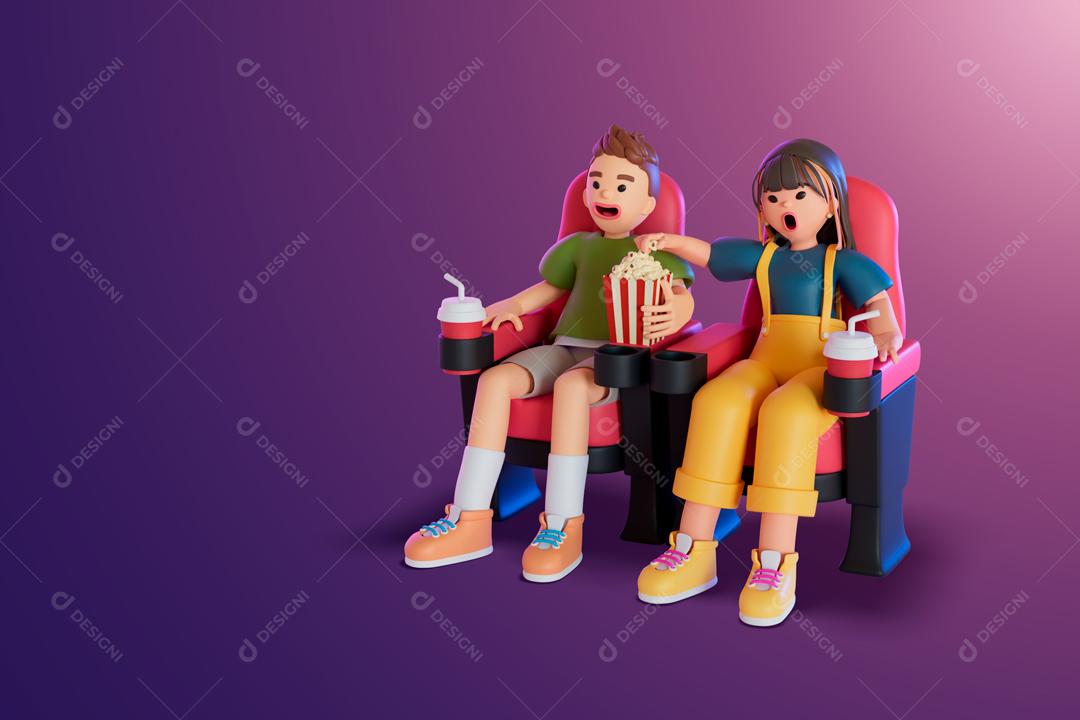 Homen e mulher assistindo filmes juntos 3D ilustração PSD