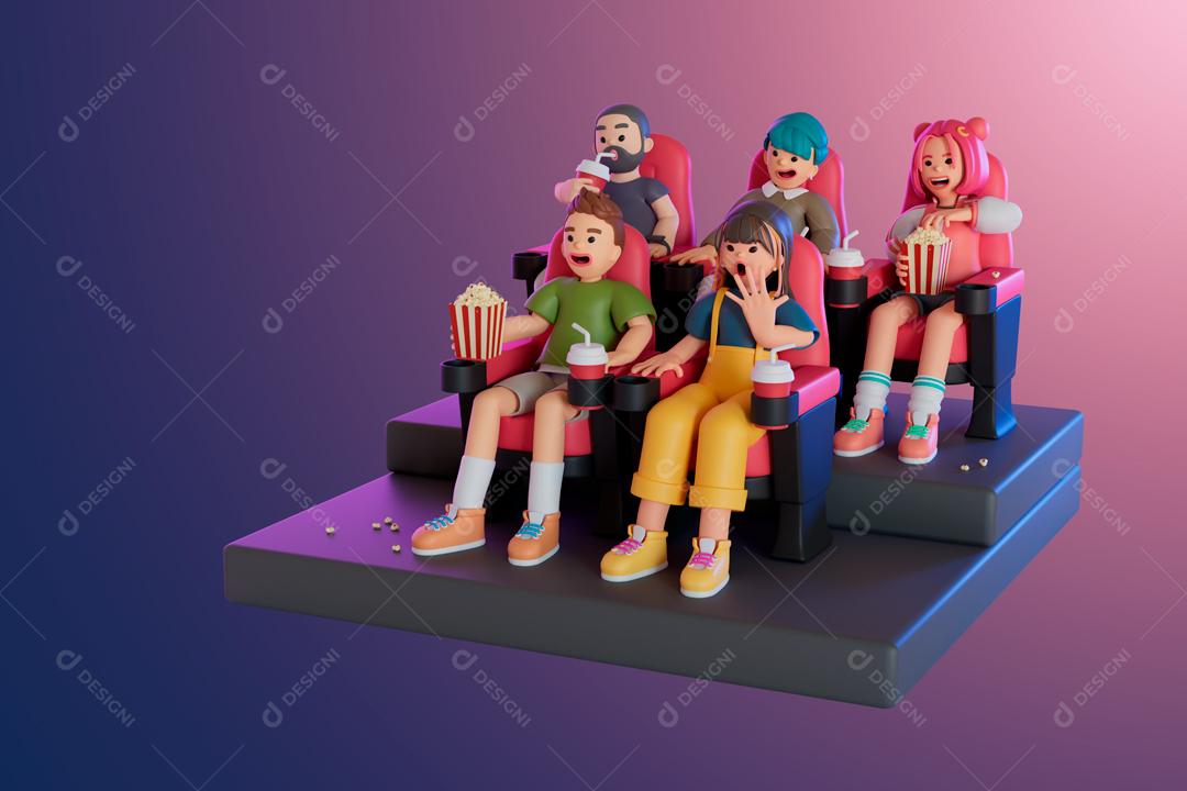 Pessoas assistindo filmes no cinema 3D ilustração PSD