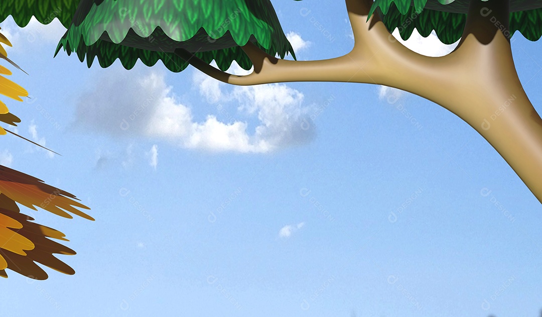 Árvore de close-up 3D e design de desenho animado ambiental, ilustração de renderização em 3D fundo do céu em branco para espaço de cópia